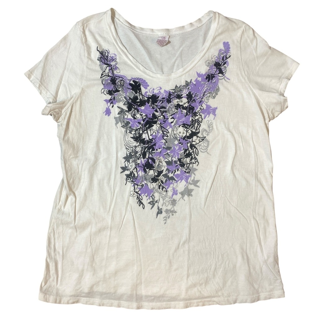 Y2K Bobbie‎ Brooks Womens White Purple Floral Graphic T-Shirt Glitter Accents 1X